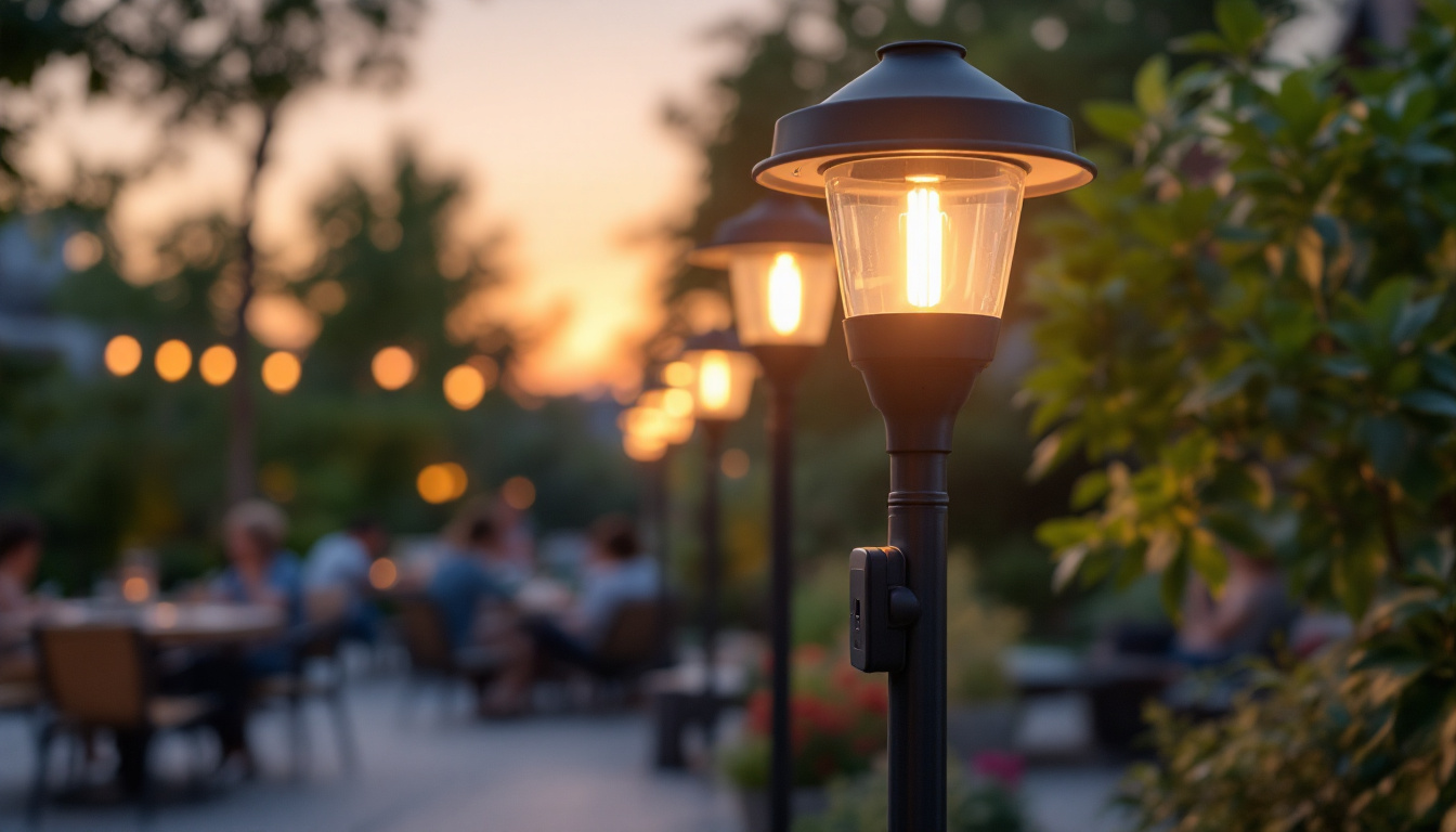 A photograph of a beautifully designed outdoor lamp post with an integrated outlet