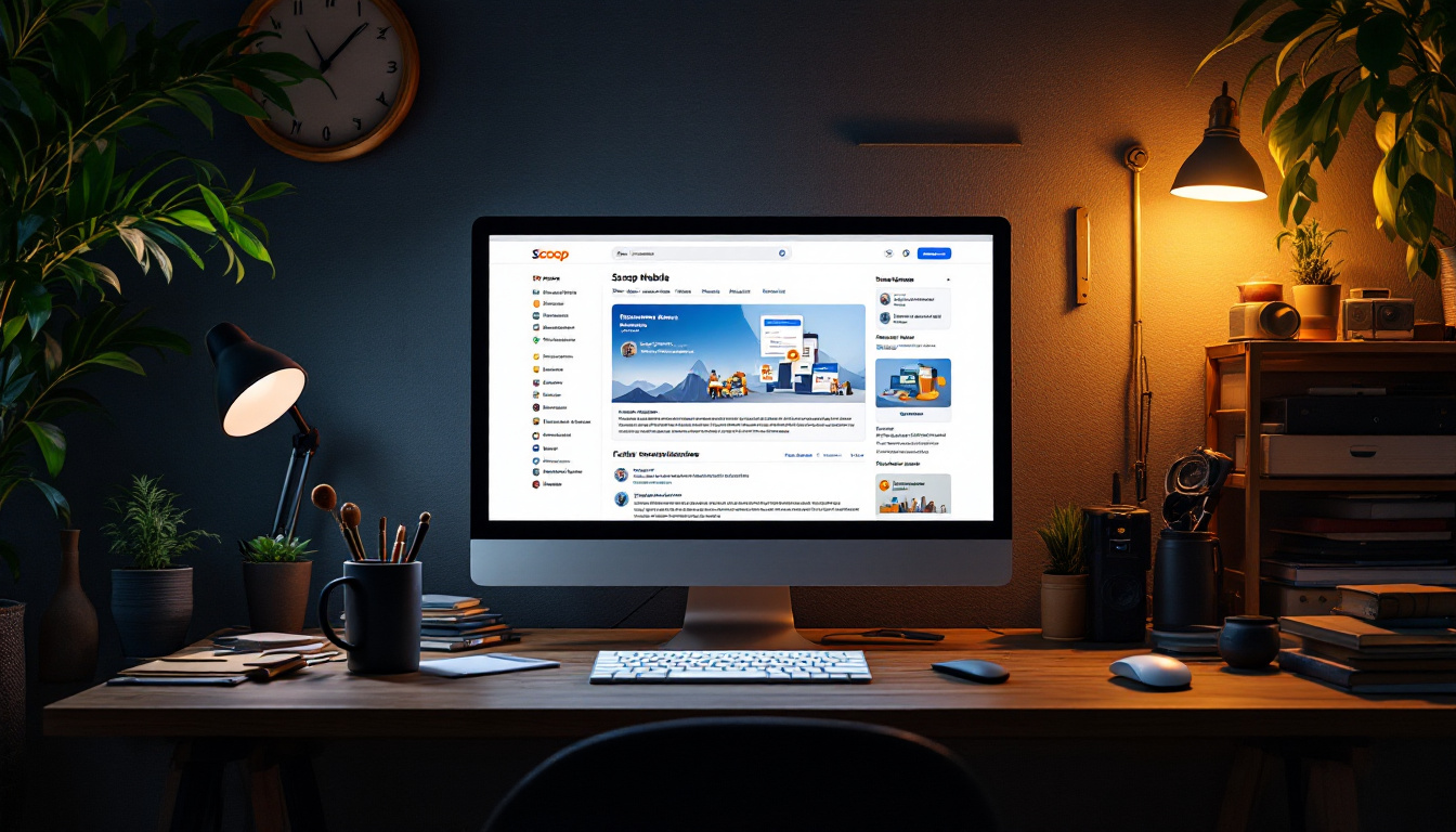 A photograph of a well-lit workspace featuring a computer screen displaying the scoop module interface