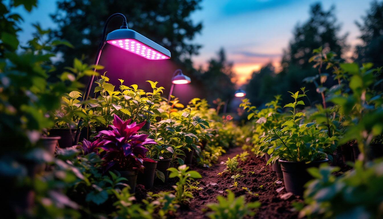 A photograph of a vibrant outdoor garden scene illuminated by various types of grow lights at dusk