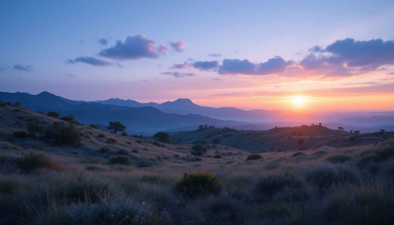 A photograph of a serene landscape at dusk