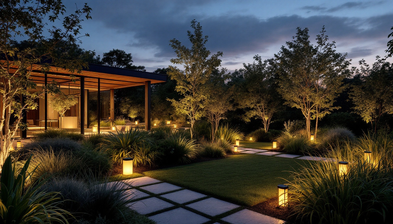A photograph of a beautifully designed outdoor lighting installation at dusk