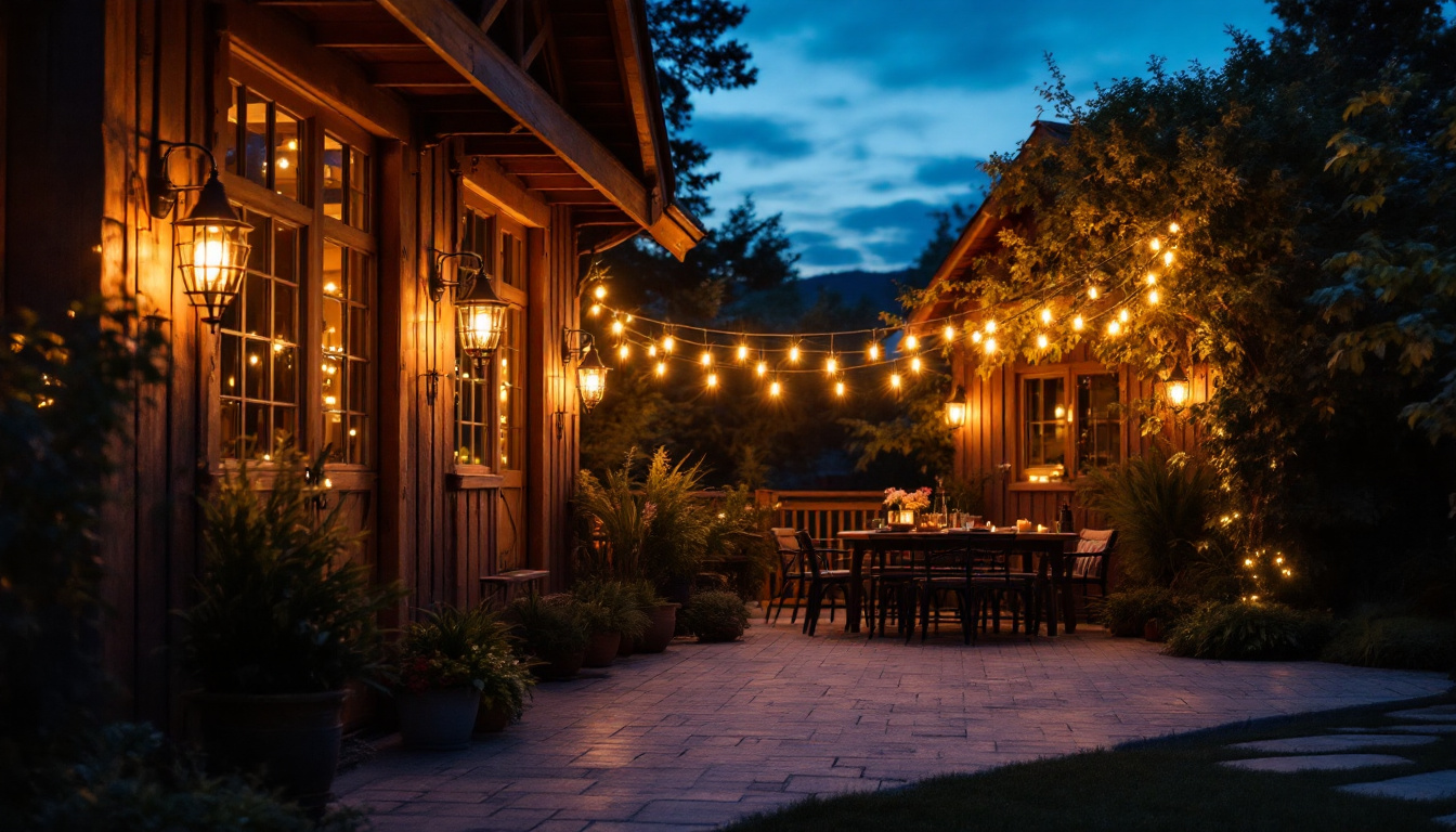 A photograph of capture a photograph of a beautifully illuminated outdoor space featuring barn lights