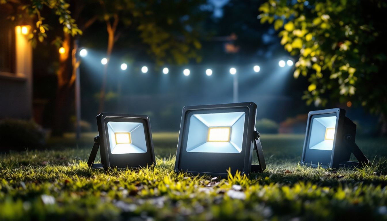 A photograph of a brightly lit outdoor scene showcasing various led flood lights in action