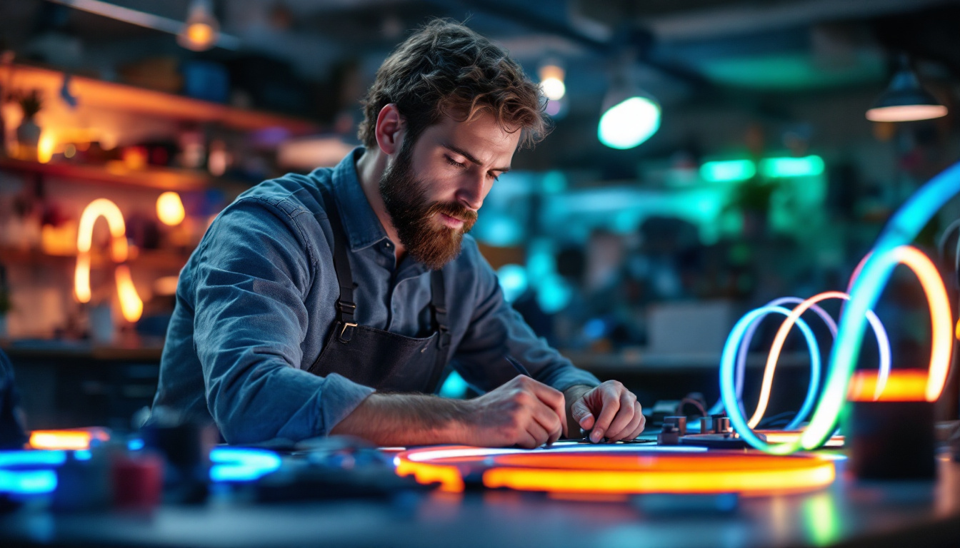 A photograph of a designer or engineer working collaboratively in a modern workshop