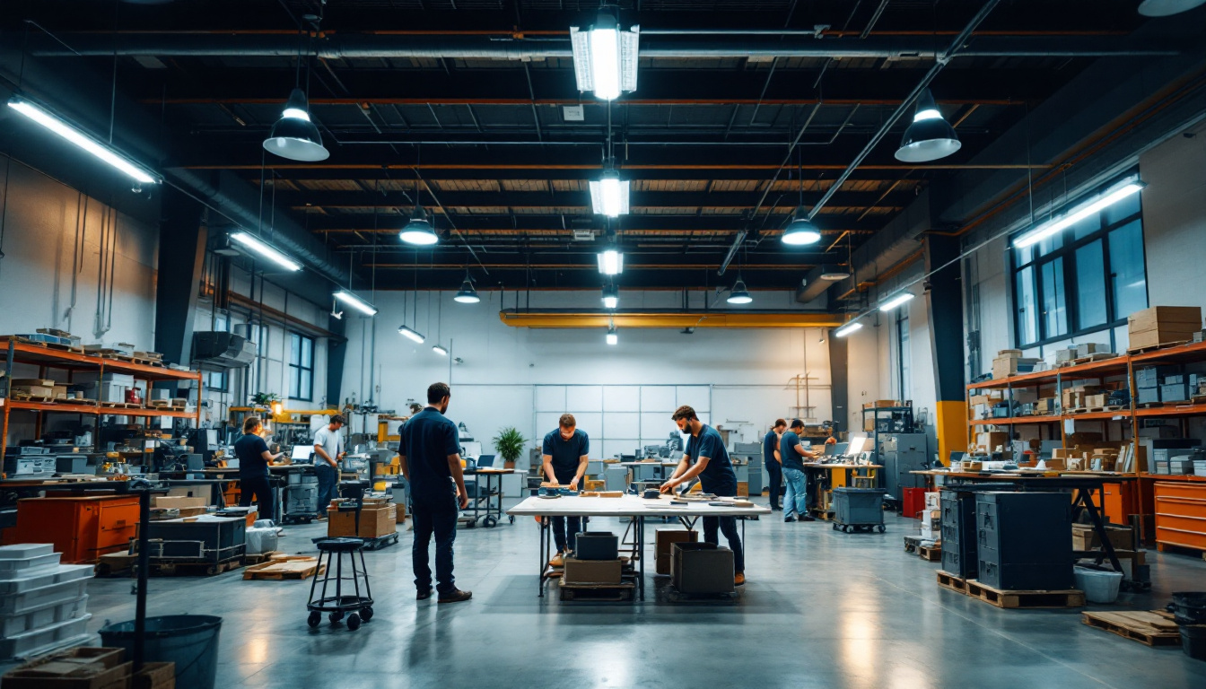 A photograph of a brightly lit workplace or warehouse featuring workers efficiently using tools and equipment under newly installed fluorescent light bulbs