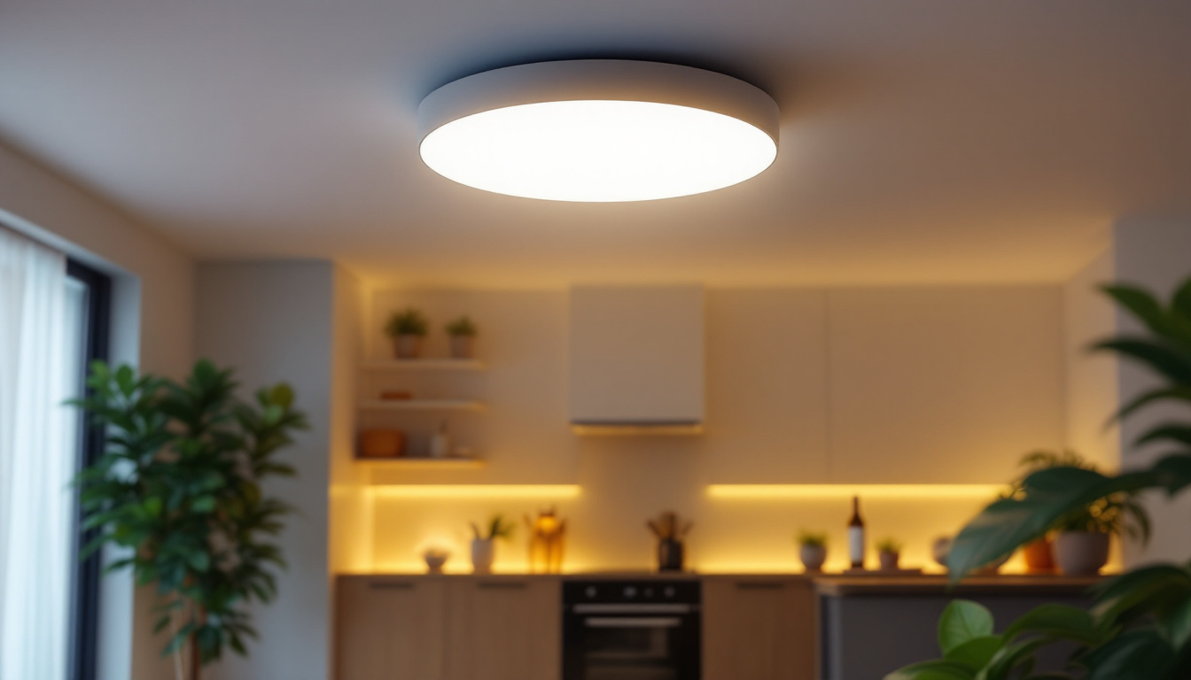 A photograph of capture a photograph of a modern led flush mount light fixture installed in a stylish interior setting