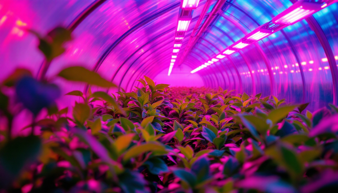 A photograph of a vibrant greenhouse interior showcasing lush plants under the warm glow of led grow lights