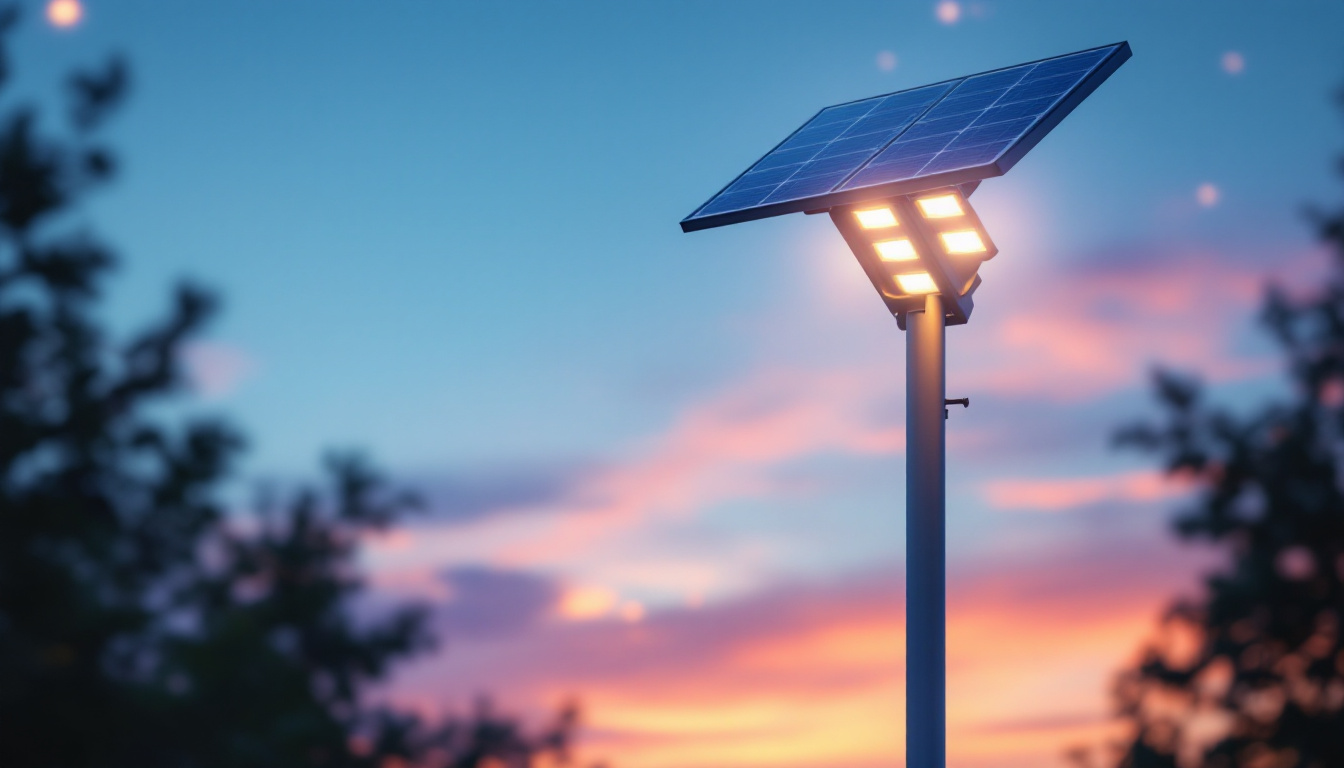 A photograph of a solar light post illuminating a serene outdoor setting at dusk