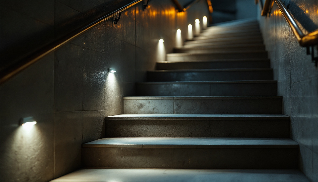 A photograph of capture a photograph of illuminated led lights installed along a staircase