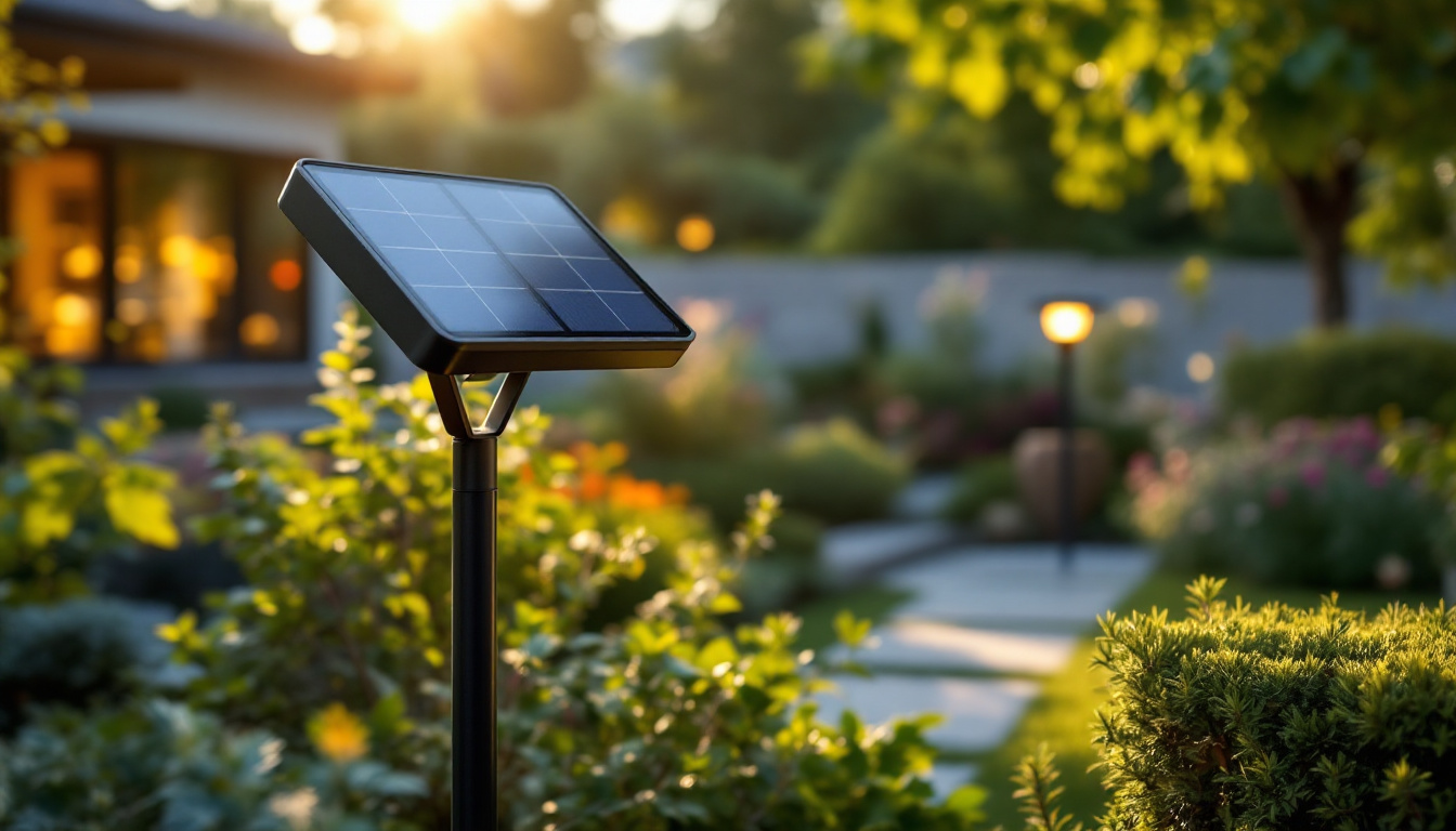 A photograph of a solar outdoor light being installed in a picturesque garden setting