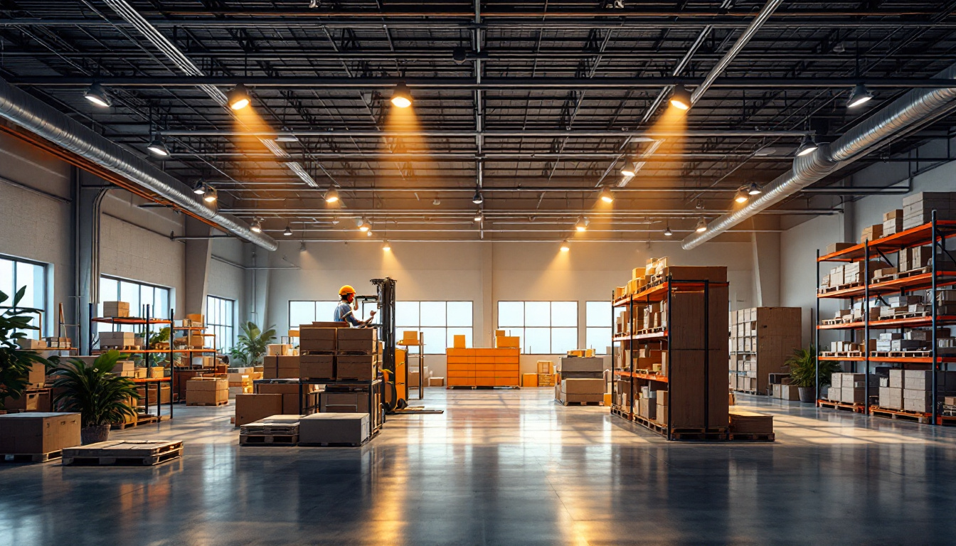 A photograph of a modern workplace or warehouse showcasing the integration of tracking lights