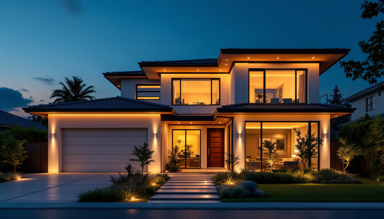 A photograph of a modern home illuminated by innovative exterior led house lights at dusk