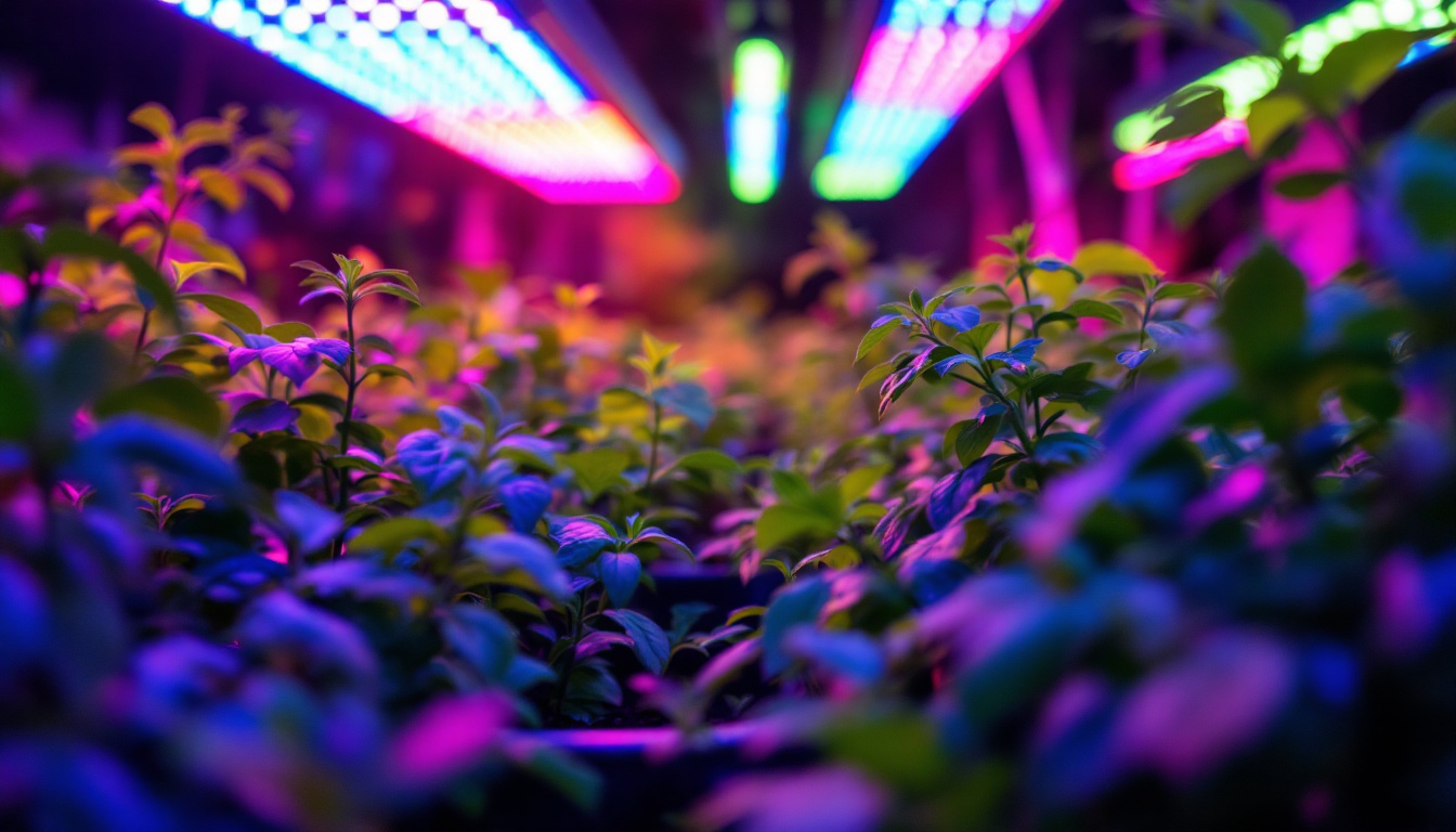 A photograph of a vibrant indoor garden illuminated by an array of colorful grow lights