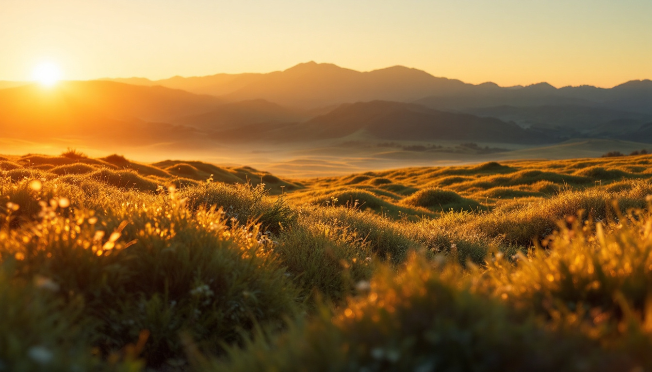 A photograph of a serene landscape during the golden hour