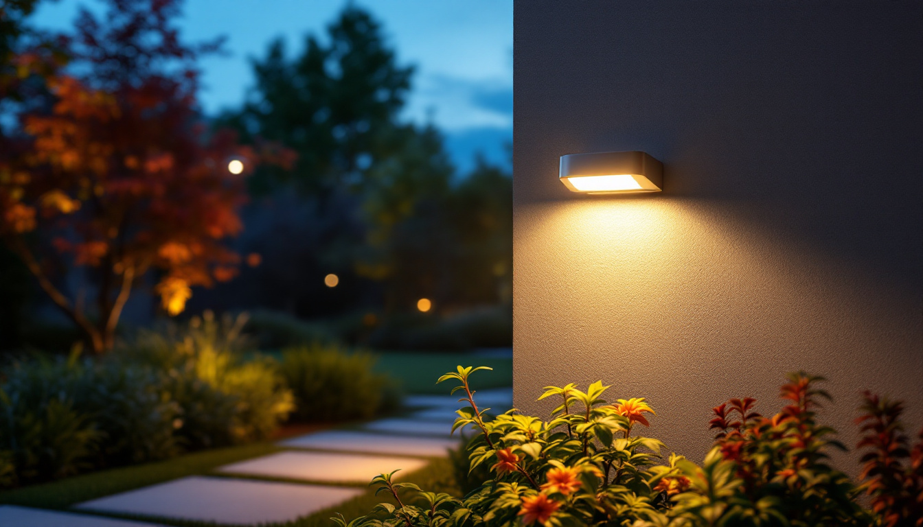 A photograph of a modern outdoor sensor light illuminating a beautifully landscaped garden at dusk