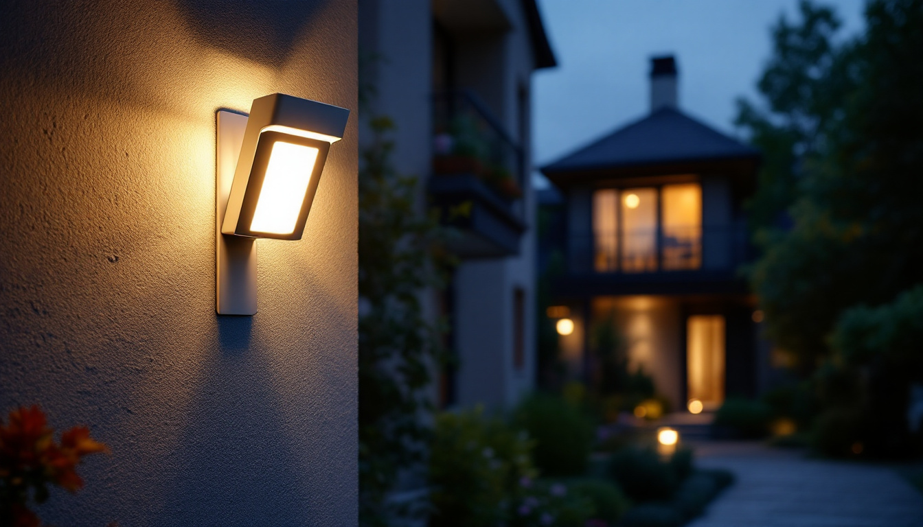 A photograph of a modern security lamp illuminating a residential outdoor space at dusk