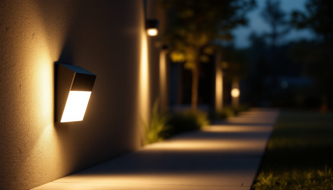 A photograph of a motion-sensing light illuminating a pathway or outdoor area at dusk