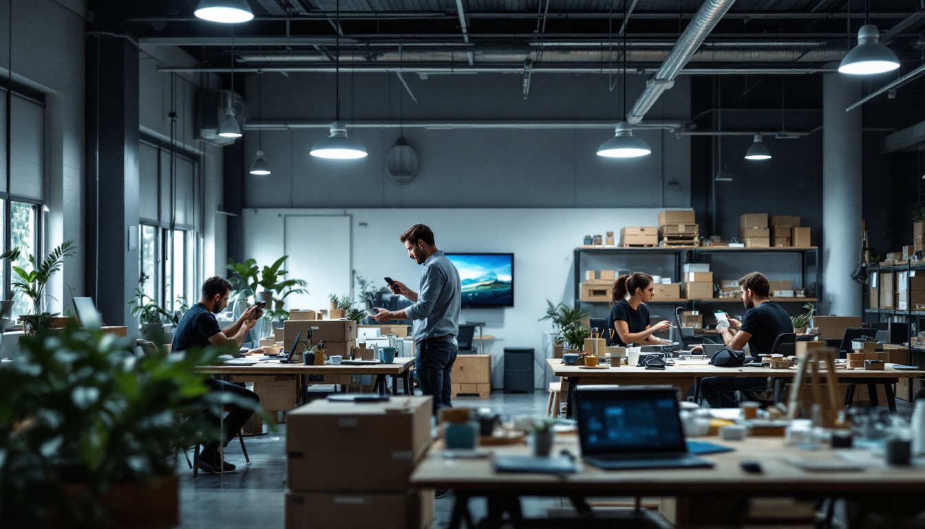 A photograph of a modern workplace or warehouse featuring the maxim 7.5 led flush mount light in action