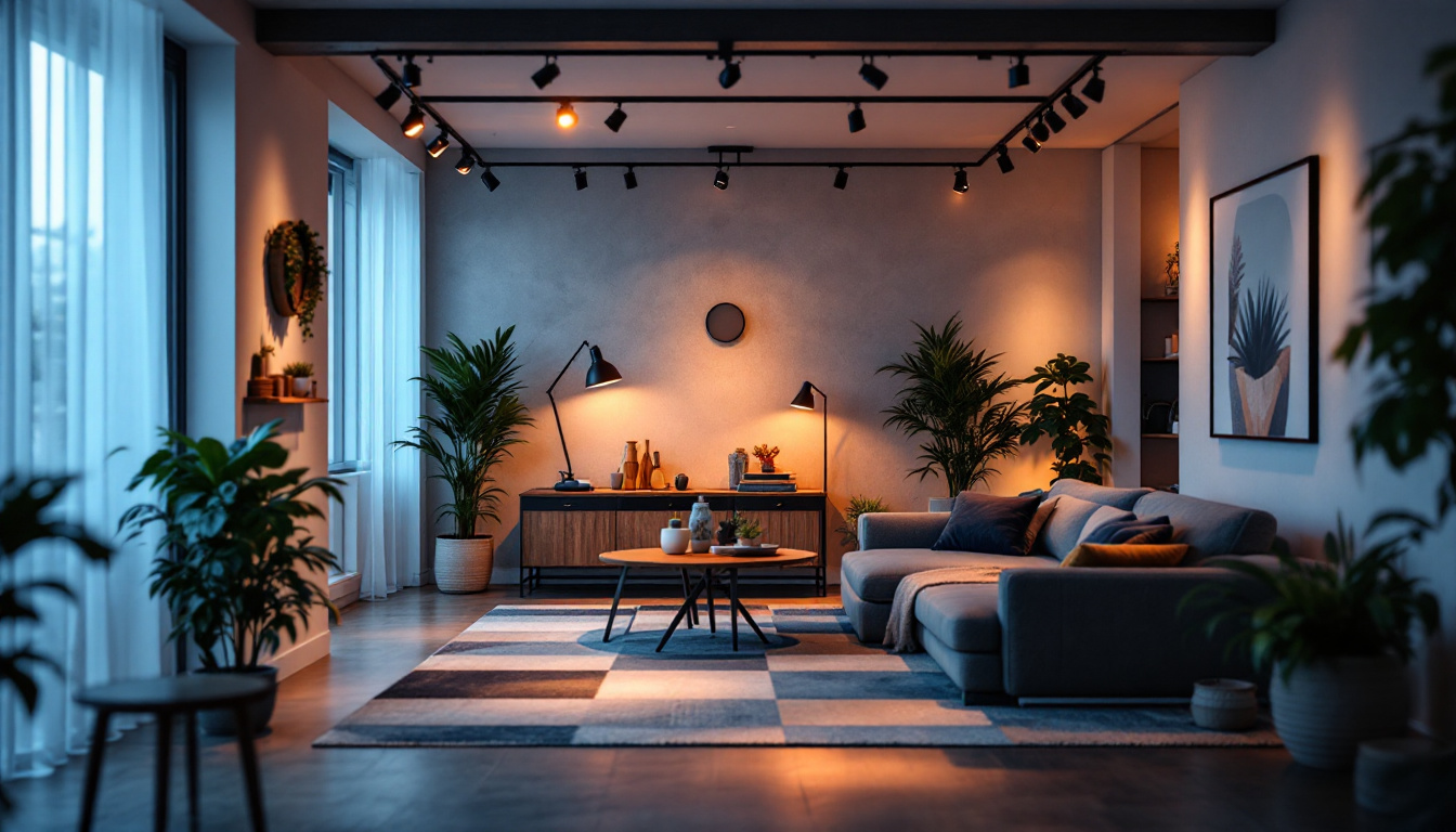 A photograph of a beautifully designed interior space featuring track lighting that highlights various elements