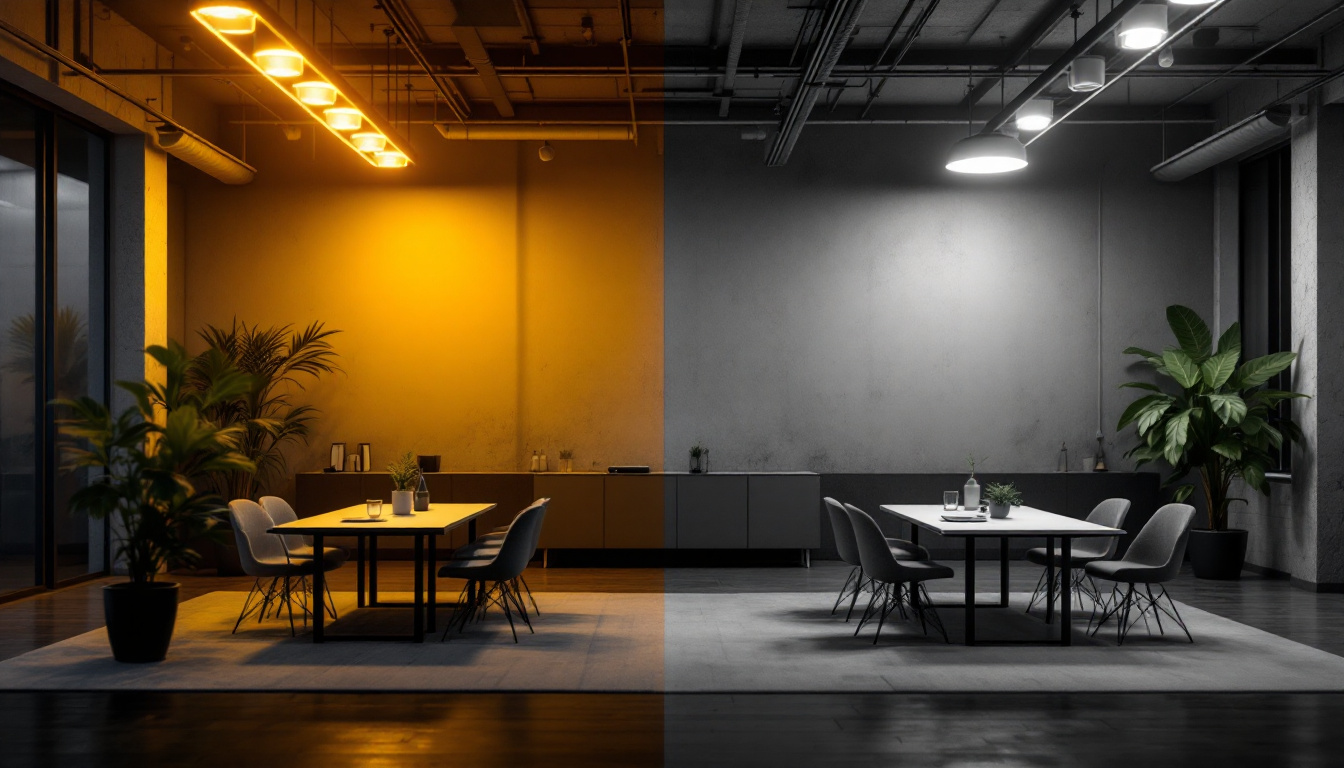 A photograph of capture a photograph of a side-by-side comparison of a brightly lit space using fluorescent lights and another using led lights