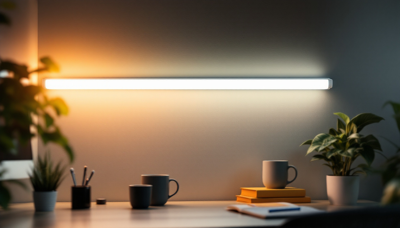 A photograph of a brightly lit fluorescent tube lamp in a modern workspace