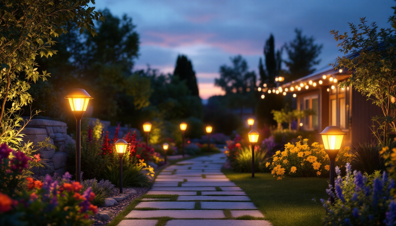 A photograph of a vibrant solar led lighting installation in a beautifully landscaped outdoor setting during dusk