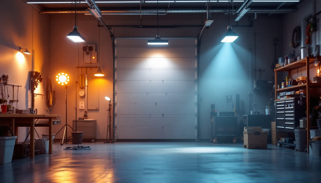 A photograph of a well-lit garage showcasing various led fixtures in use