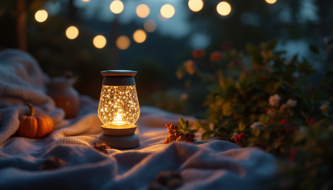 A photograph of a beautifully designed solar lantern illuminating a cozy outdoor setting at dusk