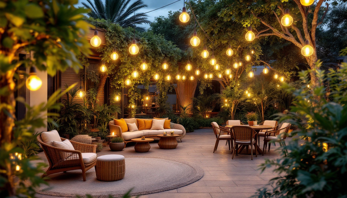 A photograph of a beautifully designed outdoor space illuminated by large hanging lights