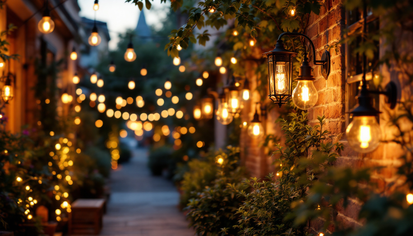 A photograph of a beautifully lit outdoor space featuring a variety of stylish light fixtures