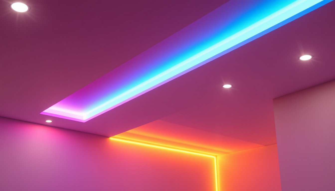 A photograph of a beautifully illuminated ceiling featuring vibrant led strip lights in various colors