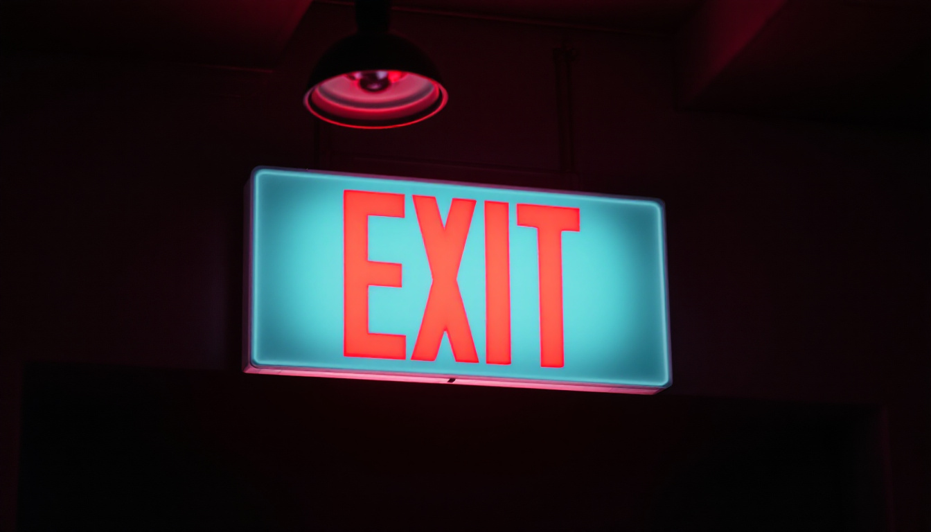 A photograph of a well-lit exit sign in a dimly lit environment