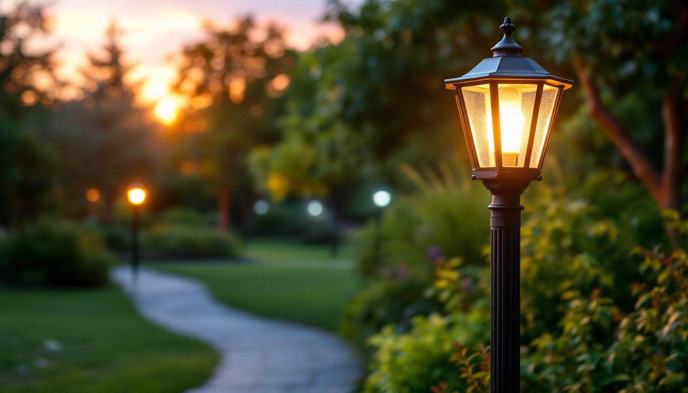 A photograph of a beautifully illuminated outdoor lamp post in a vibrant garden or park setting during twilight