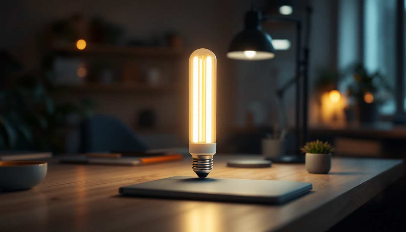 A photograph of a modern workspace featuring a sleek t8 light bulb illuminating the area