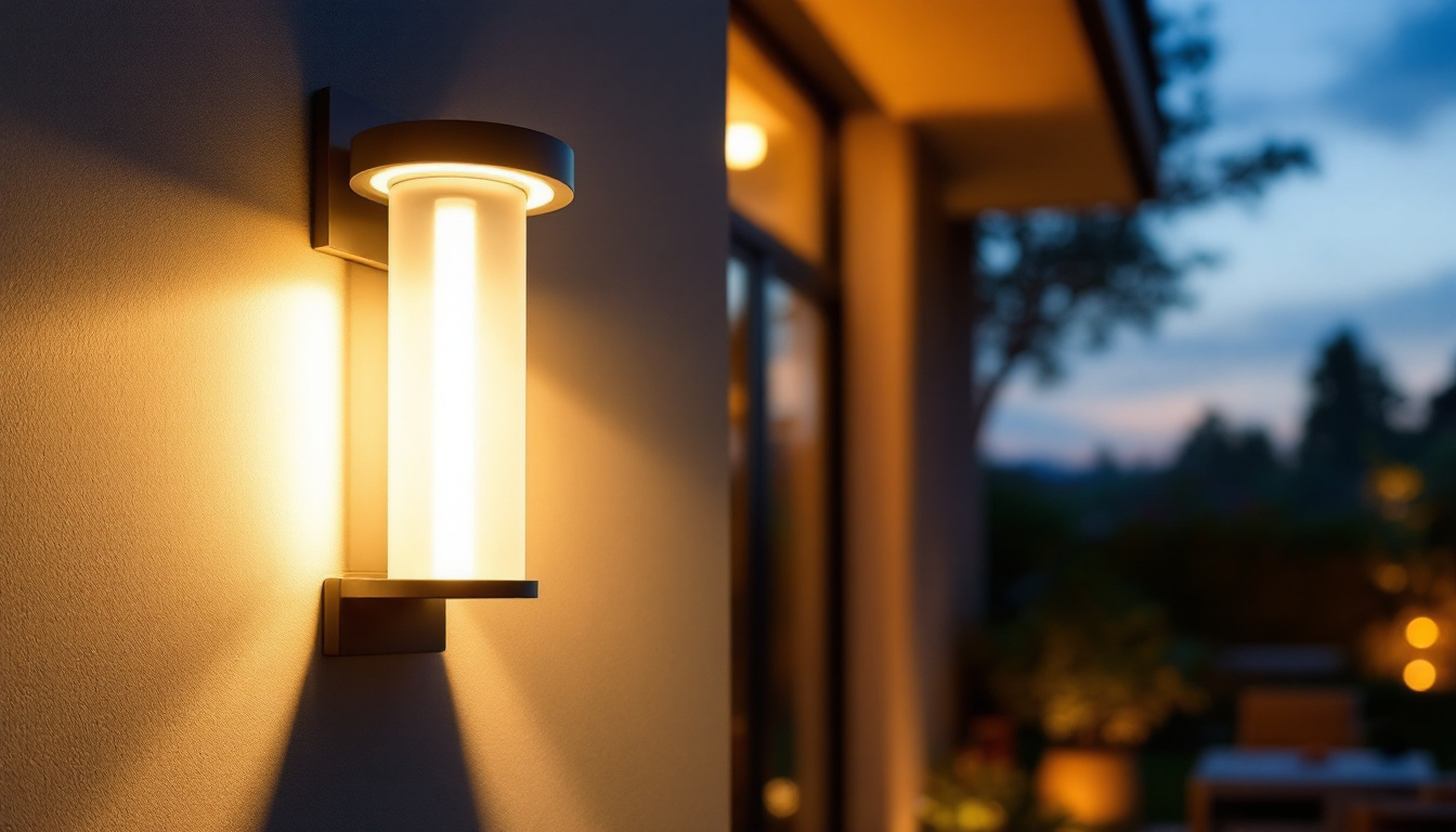 A photograph of a modern outdoor led wall lantern illuminating a stylish patio or garden setting at dusk