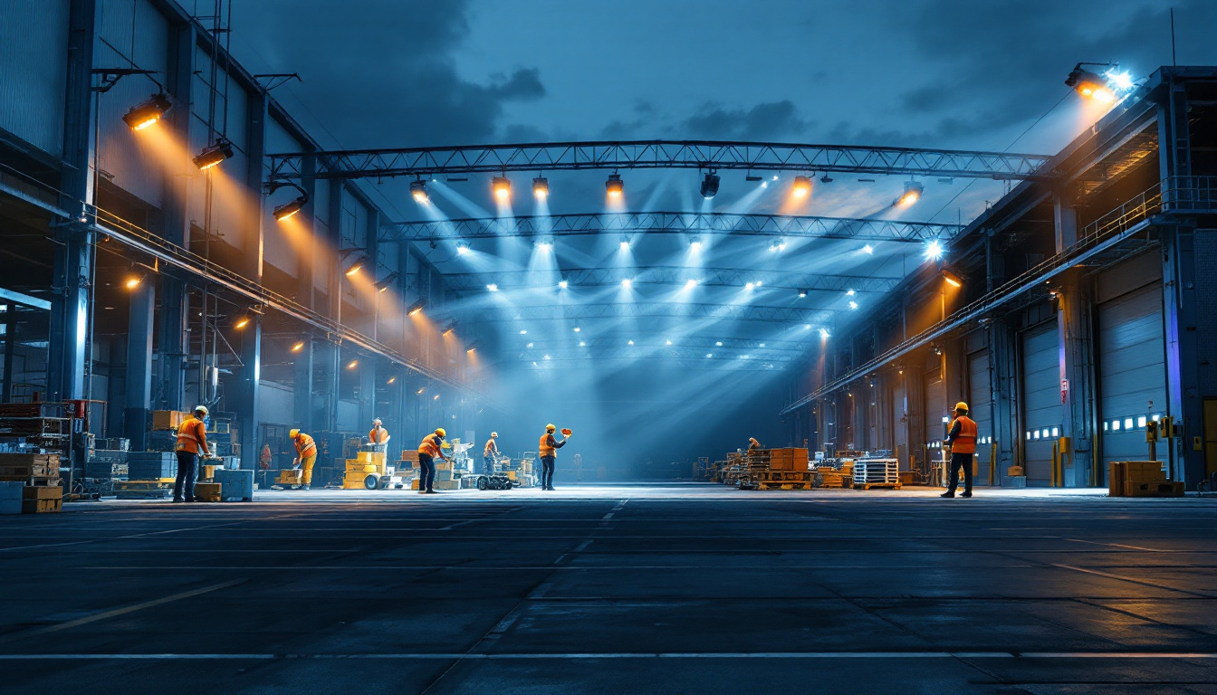 A photograph of a modern outdoor workplace or warehouse illuminated by powerful flood lights during dusk or nighttime
