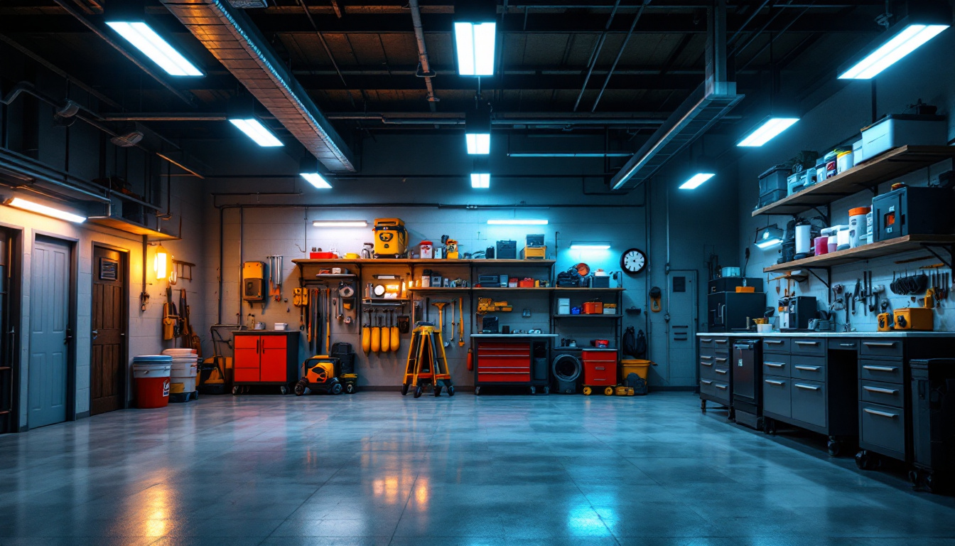 A photograph of a well-lit garage showcasing bright