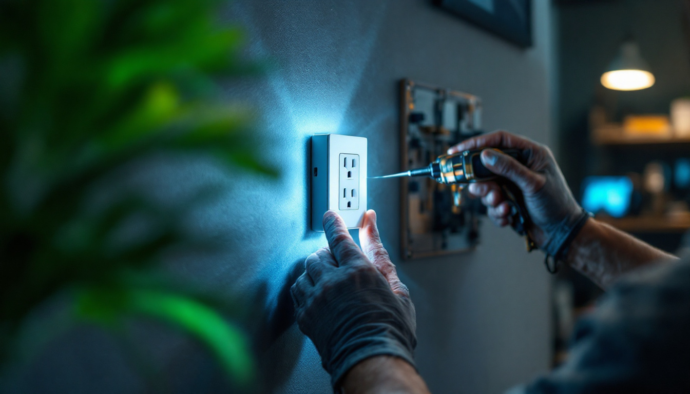 A photograph of a skilled electrician or engineer working diligently on the design and installation of an innovative electric wall socket