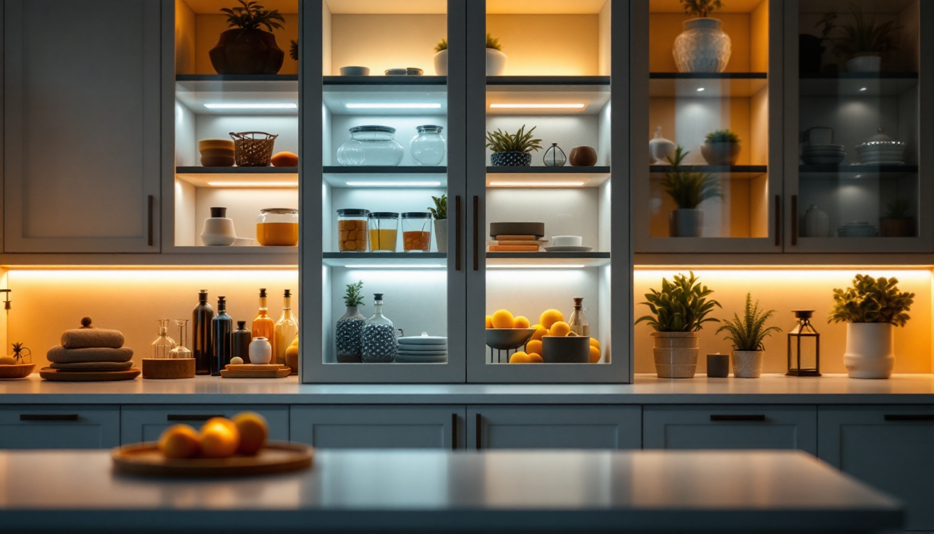 A photograph of a beautifully designed cabinet illuminated by warm