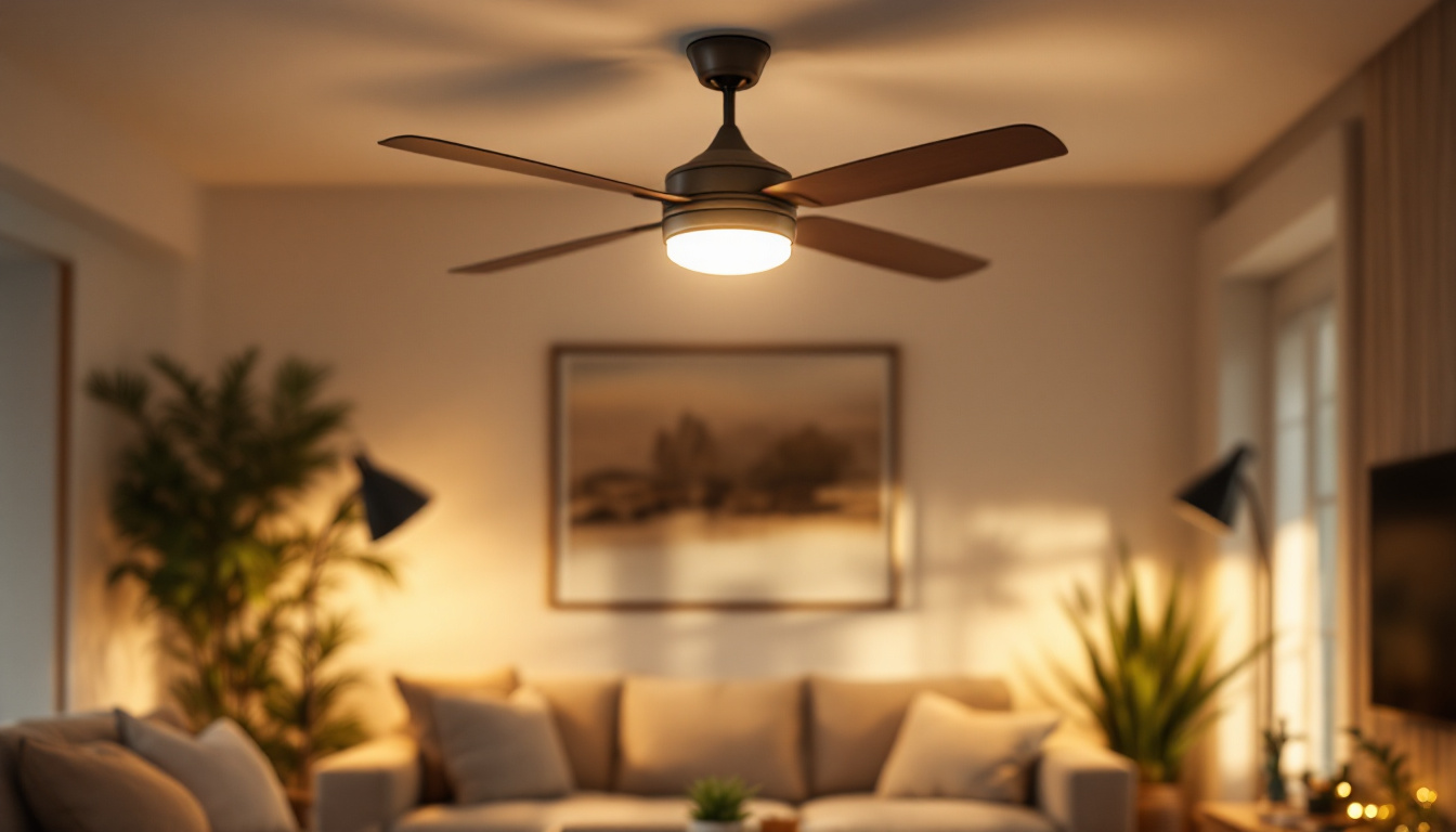 A photograph of a beautifully styled living room featuring a ceiling fan with an integrated light kit