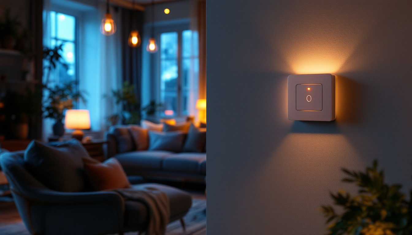 A photograph of a cozy living room scene featuring a stylish dimmer switch in action