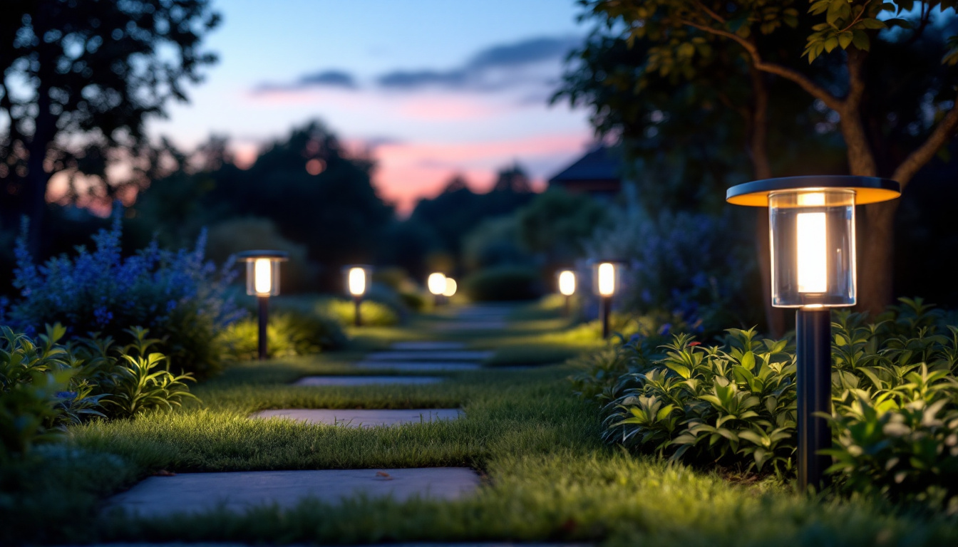 A photograph of a beautifully illuminated garden pathway at dusk