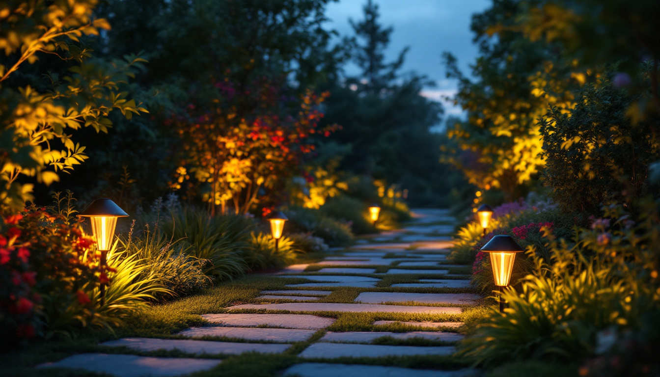 A photograph of a beautifully landscaped garden illuminated by various solar-powered garden lights at dusk