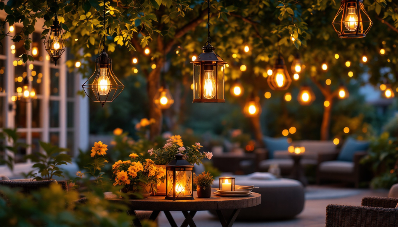 A photograph of a beautifully arranged outdoor space featuring various styles of exterior hanging lanterns