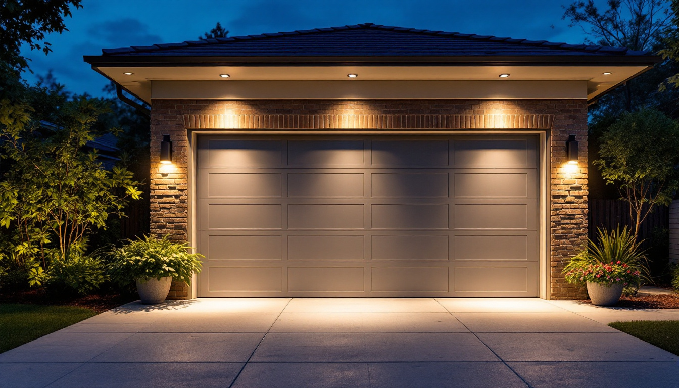 A photograph of a beautifully illuminated outdoor garage space at dusk