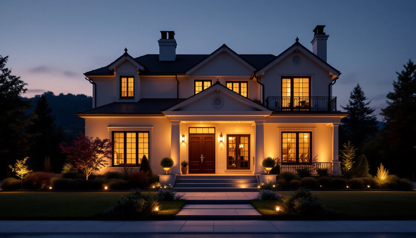 A photograph of a beautifully illuminated exterior of a house at dusk