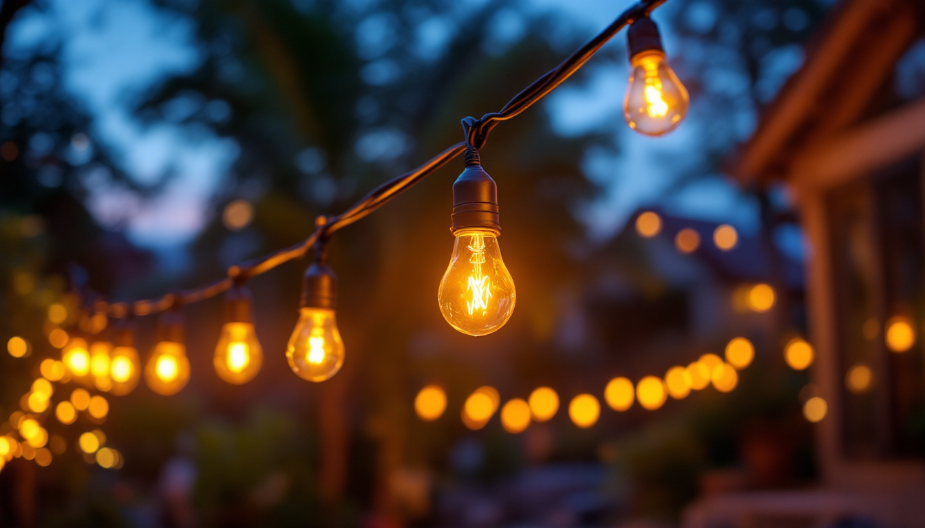 A photograph of a beautifully lit outdoor space adorned with vibrant led string bulbs