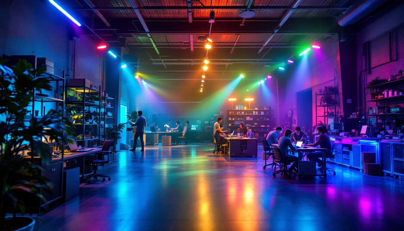 A photograph of a modern workplace or warehouse illuminated by vibrant rgb lighting