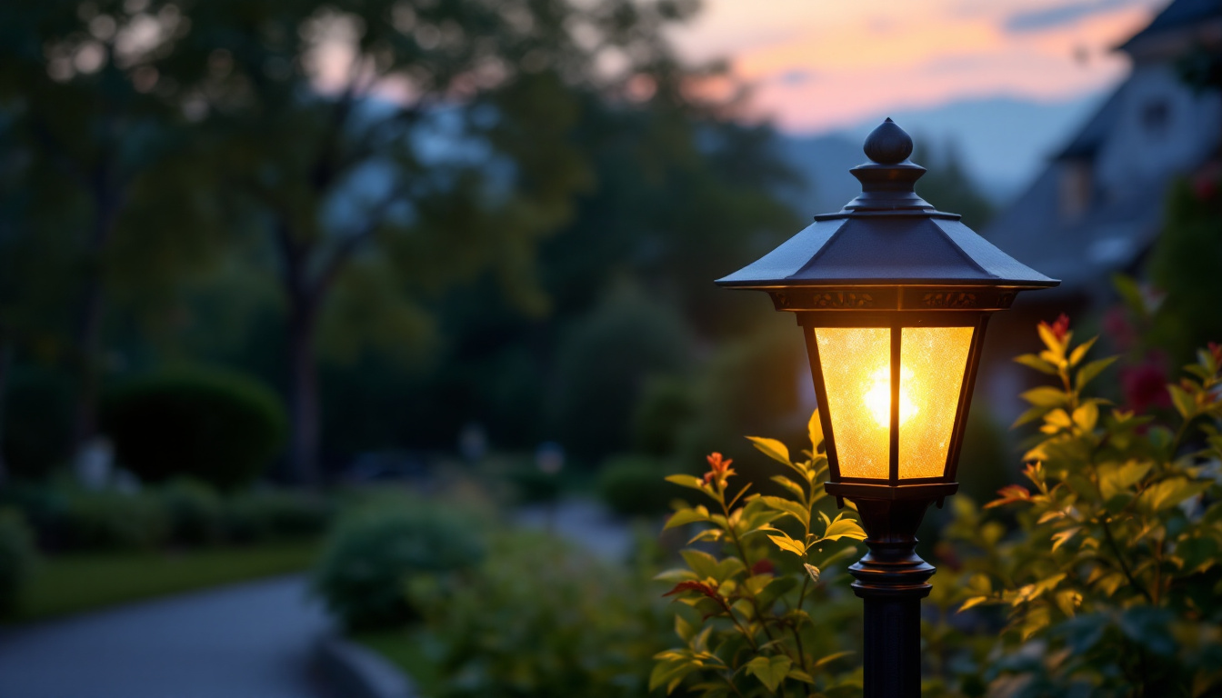A photograph of a beautifully illuminated solar lamp post in a picturesque outdoor setting