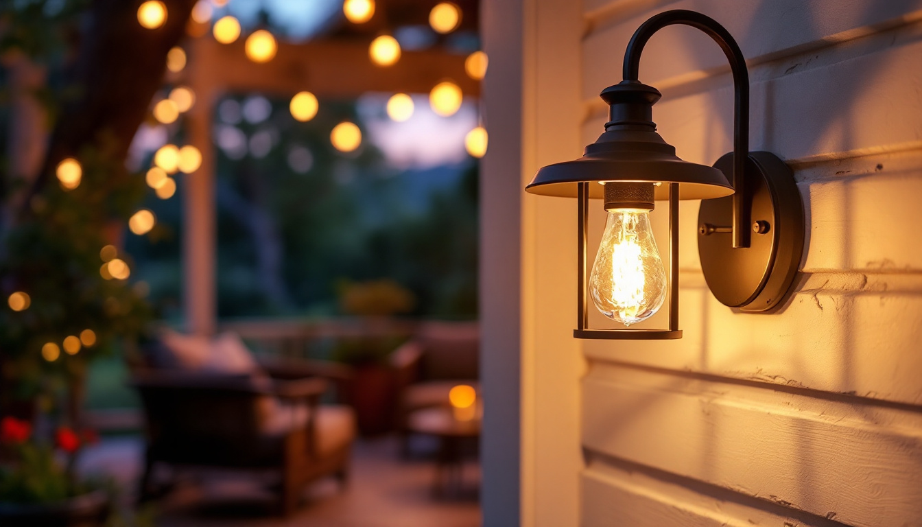 A photograph of a beautifully styled porch light fixture illuminating a cozy outdoor setting